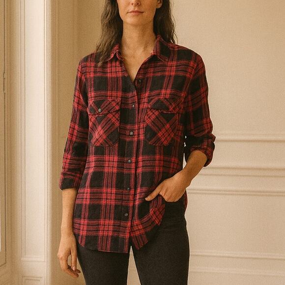 Sanctuary Plaid Snap Front Long Sleeve Shirt Red Black S - Picture 1 of 9